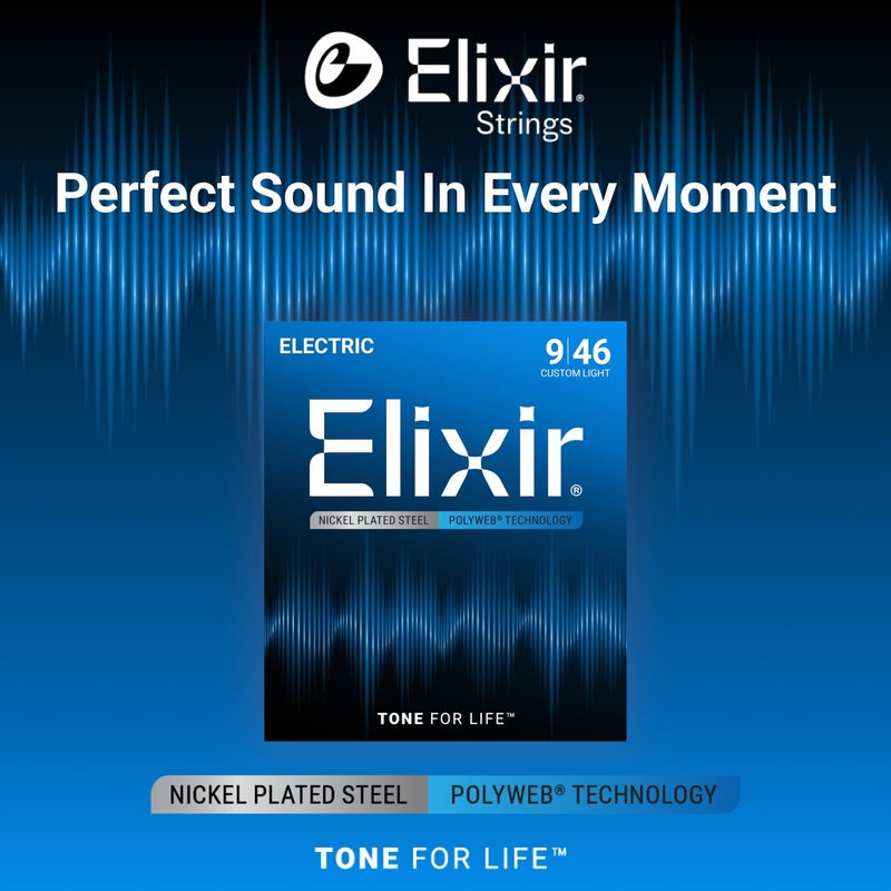 ELIXIR أوتار إليكسير، أوتار جيتار كهربائي، فولاذ مطلي بالنيكل مع تقنية بولي ويب، نغمة دافئة تدوم طويلاً مع شعور مريح، مجموعة 6 أوتار، خفيف مخصص 9-46 - Image 2